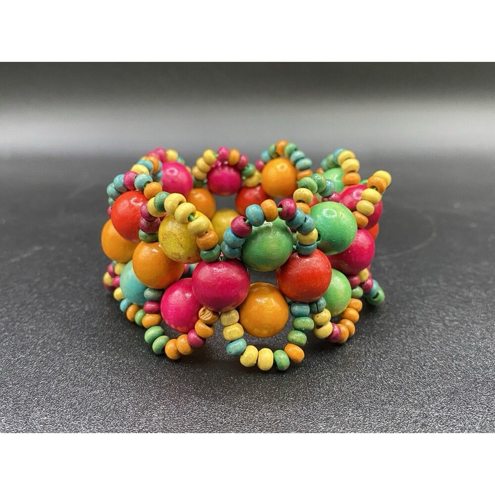 Bright Colorful Multicolor Wood Bead Stretch Bracelet - Picture 3 of 6